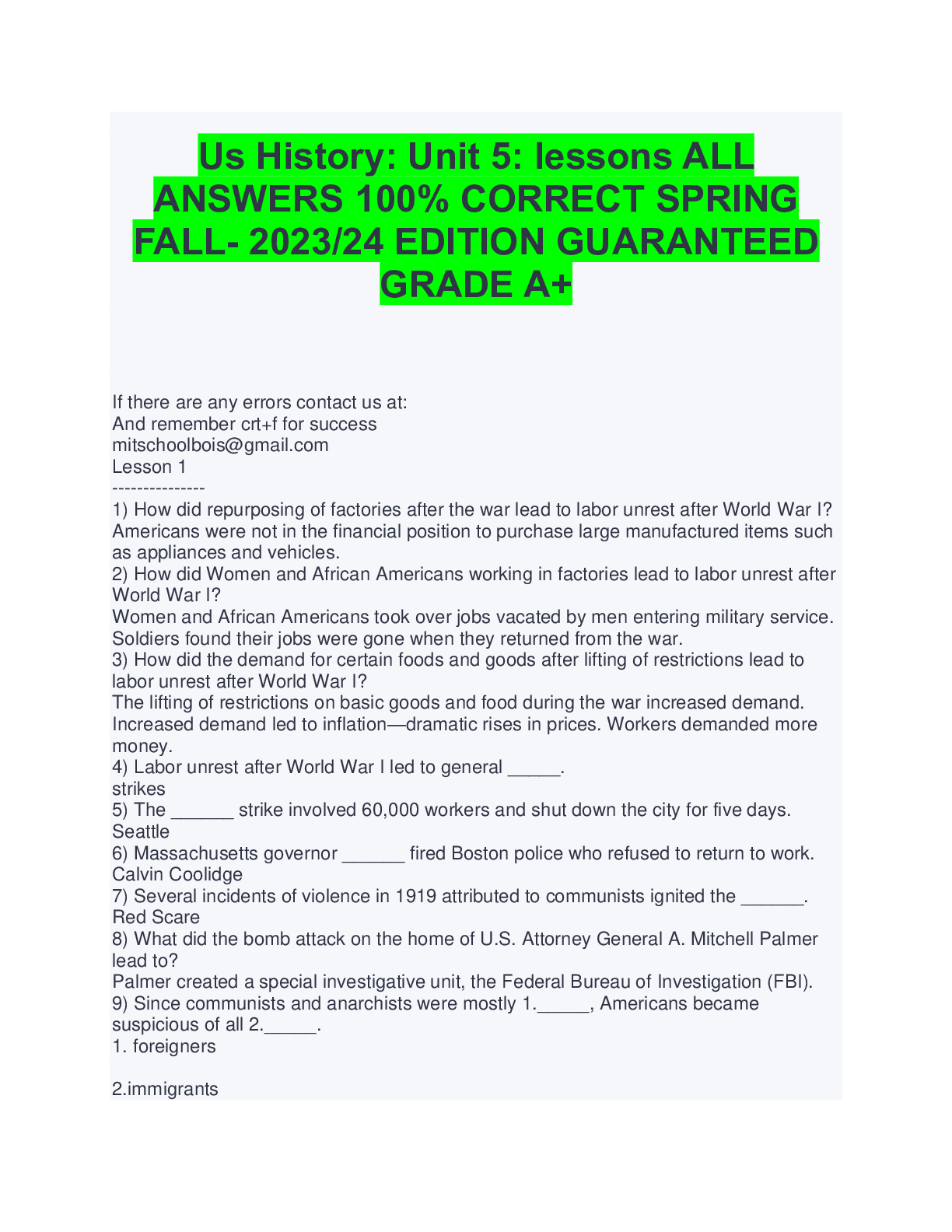 Preview image for Us History: Unit 5: lessons ALL ANSWERS 100% CORRECT SPRING FALL- 2023/24 EDITION GUARANTEED GRADE A+